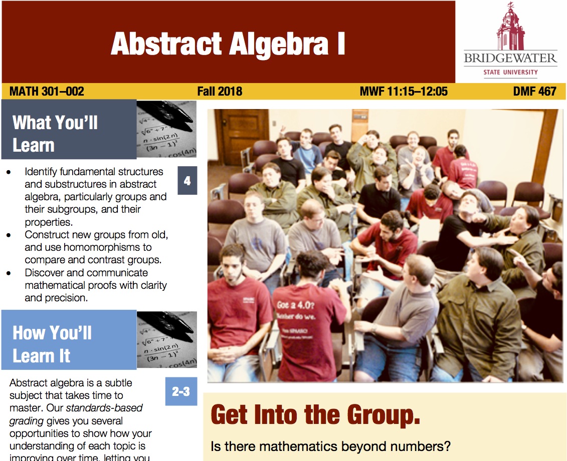 A visual syllabus for abstract algebra, laid out in full color using a newsletter template. A large graphic and headline dominate the page, along with short paragraph summaries of what students will learn and how.